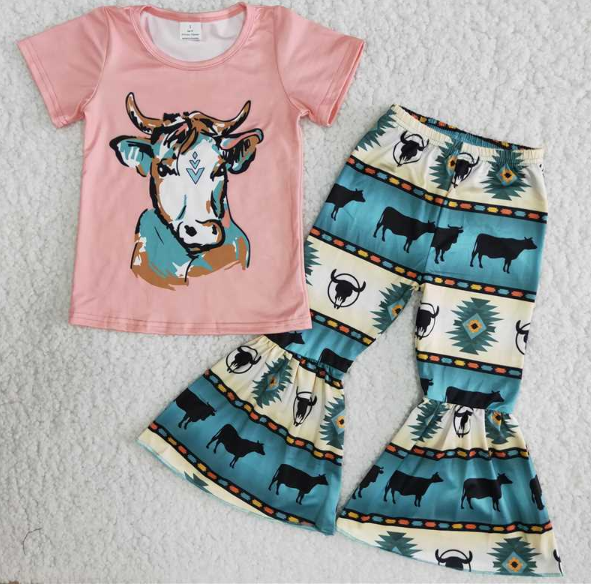 B12-15 Pink Bull Head Flared Pants Set