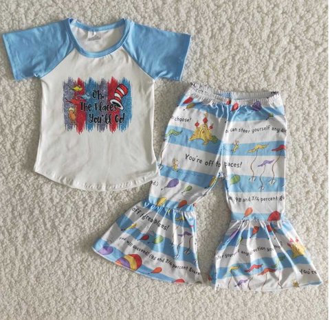 B15-3 dr Blue Short Sleeve Hot Air Balloon Flared Pants set