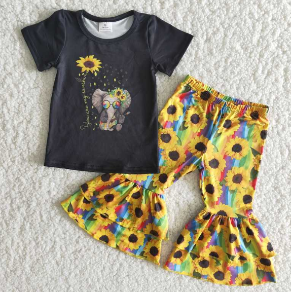 B16-10 Elephant Black Short Sleeve Sunflower pant set