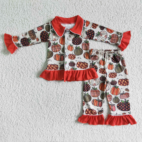 Girls Autumn Pumpkin Red Lace Long Sleeve Pants Set