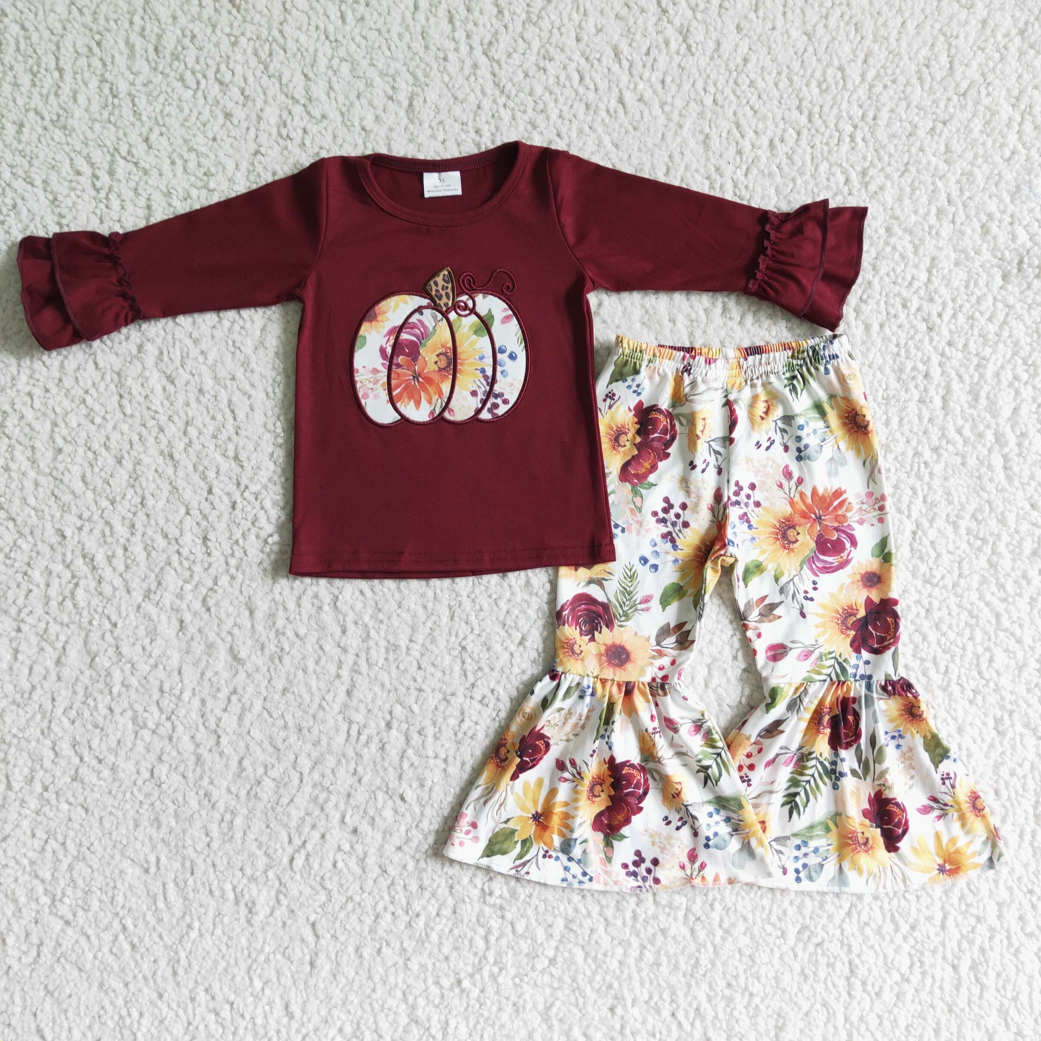 Girls Autumn Embroidered Pumpkin Flower Red Long Sleeve Pants Set