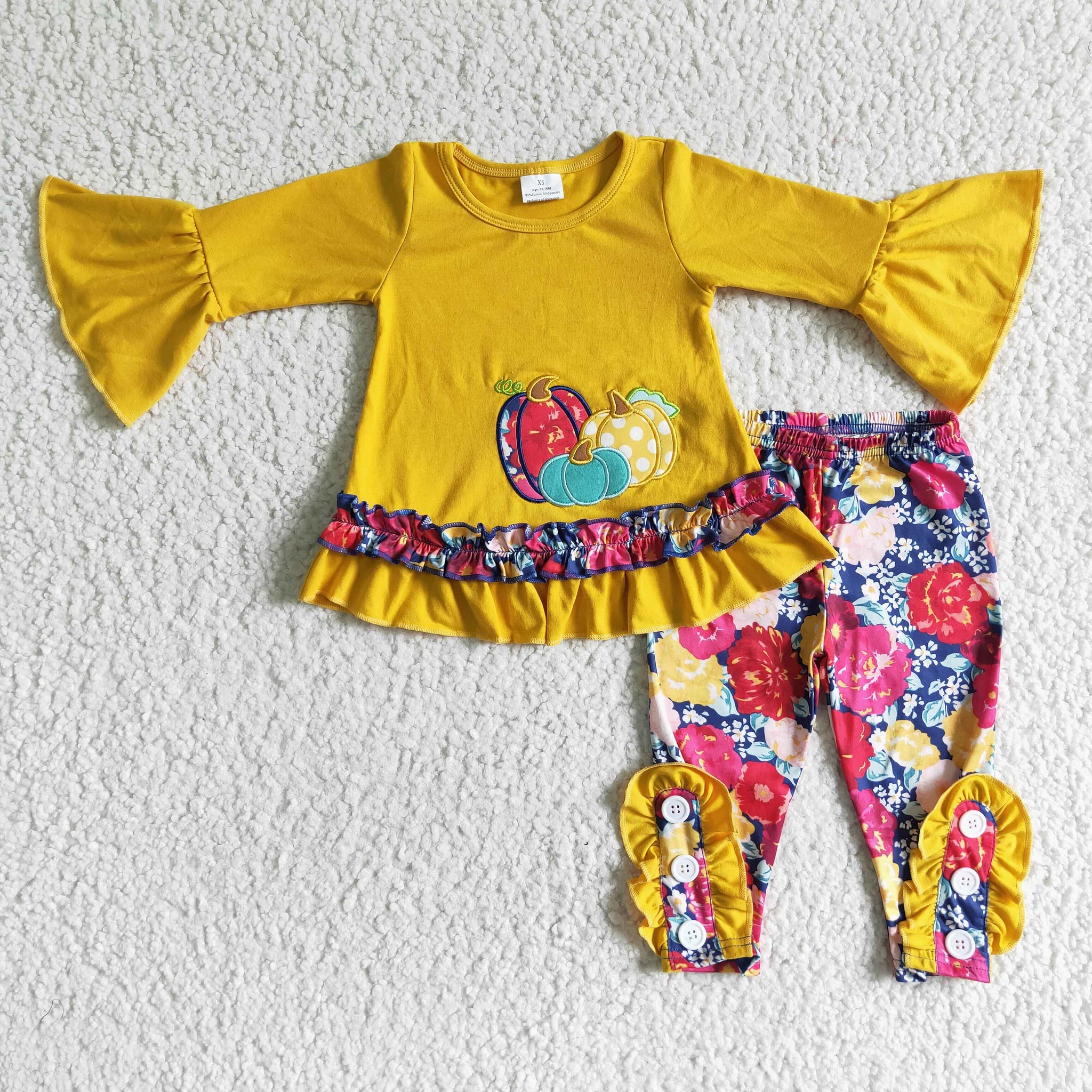 Autumn Embroidered Pumpkin Yellow Long Sleeve Floral Pants Set