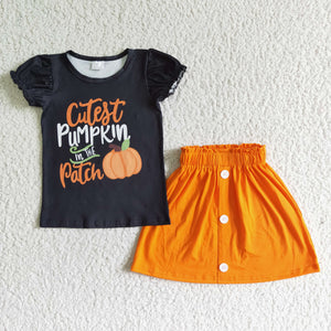 GSD0106 Autumn Pumpkin Black Fly Sleeve Orange Skirt Outfit set