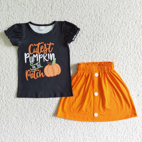GSD0106 Autumn Pumpkin Black Fly Sleeve Orange Skirt Outfit set