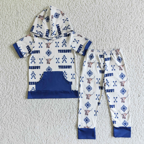 Bull Head Arrow Blue Pocket Hooded Short Sleeve Pants Set