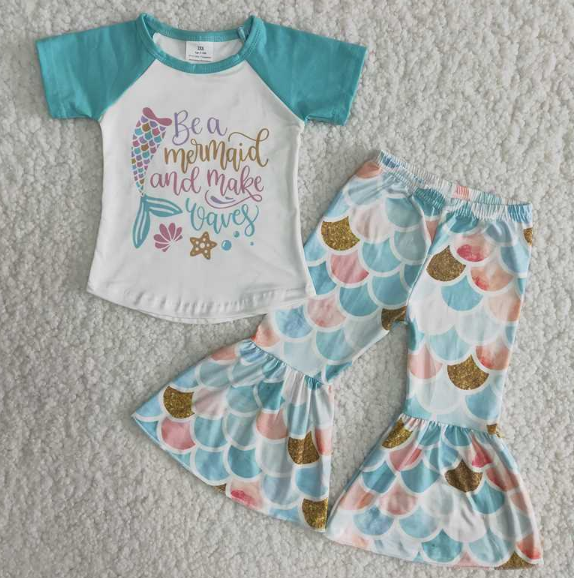 B16-22 Bea Short Sleeve Top Fish Scale Flared Pants Set