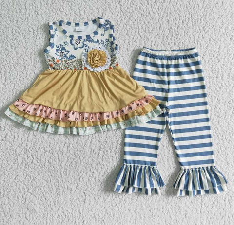 D10-27 Sleeveless Floral Belt and Striped Pant Set