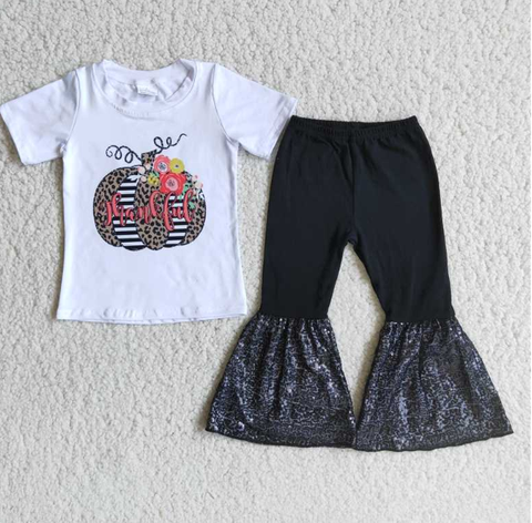 C4-14 Thanksgiving Leopard Pumpkin Top Black Sequin pant set