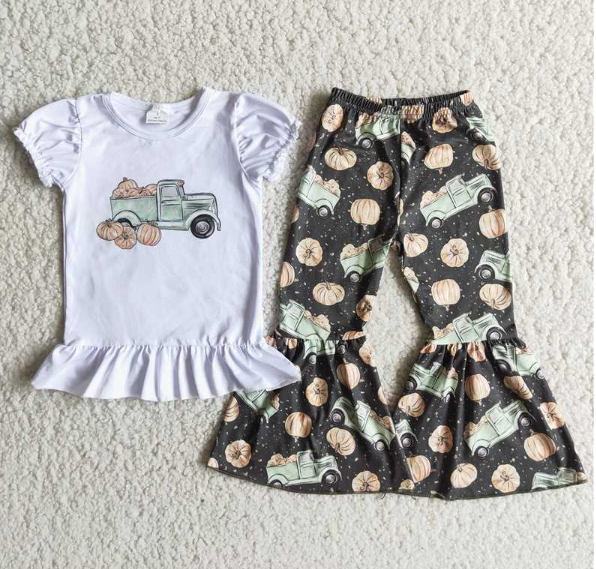 A15-10 Puff Sleeve Pumpkin Car Short Sleeve + Gray Green pant set