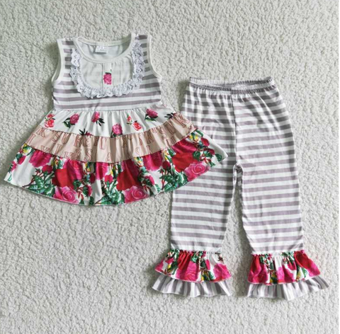 C5-18 Off-White Striped Floral Lace Sleeveless Shorts Set