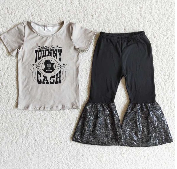 A17-14 Light Grey Cash Short Sleeve Top Black Sequin Flare Pants set