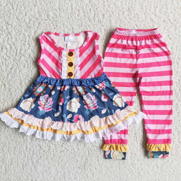 C6-14 Striped Flower Pattern Skirt and Striped Trousers Set