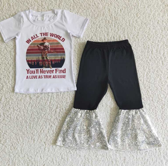 A8-17 Guitar Boys White Short Sleeve Black Sequin Flare Pants set