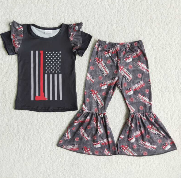 C7-24 Fire Truck Short Sleeve Grey Flared Pants set