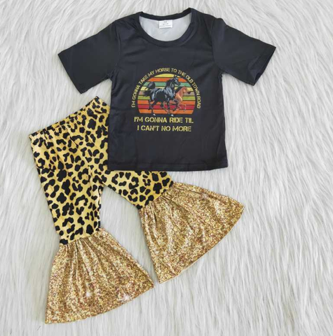 A13-14-1 Black Horse Short Sleeve Top Leopard Print Flared Pants Set