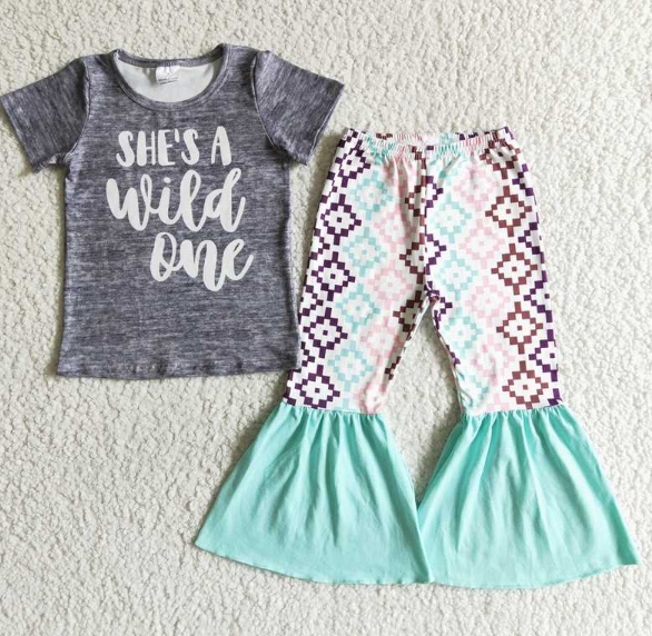 B14-24 She's a wild one green flared pants set