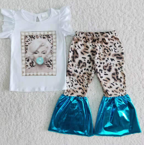 B4-13 Girl Blowing Bubbles White Leopard Suit