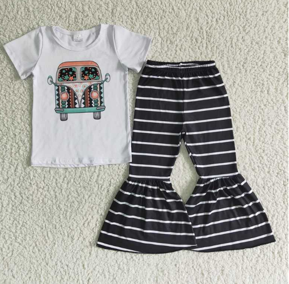 B5-9 Auto White Short Sleeve Striped Flare Pants set