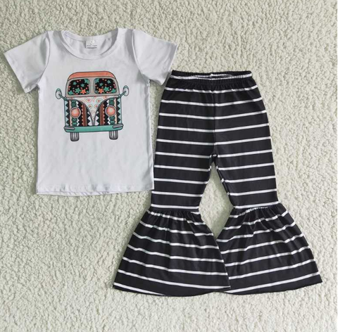 B5-9 Auto White Short Sleeve Striped Flare Pants set