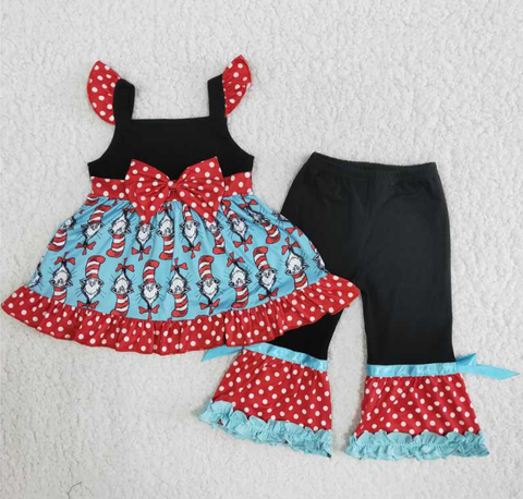 B12-2 Dr Seuss White Polka Dot Skirt and Bow Pants set