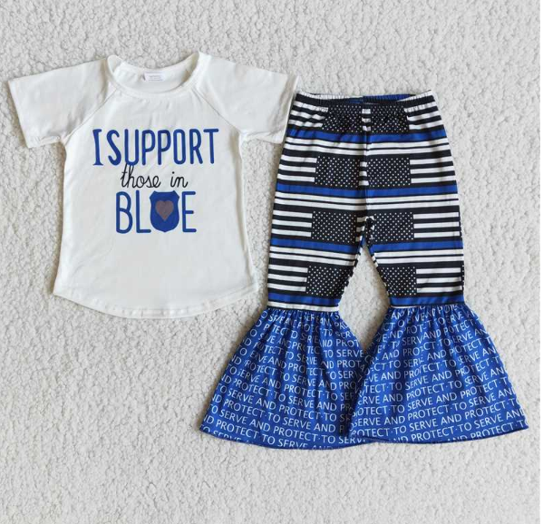B14-23 White short-sleeved support blue English striped pants set