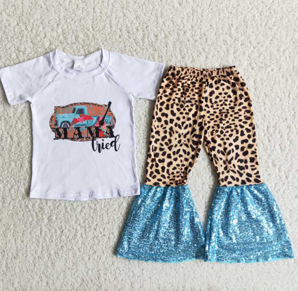 A6-11 Auto White Short Sleeve Leopard Blue Sequin Pants  set