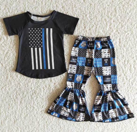 A13-4 Flag Police Black Short Sleeve Checkered Flare Pants  set