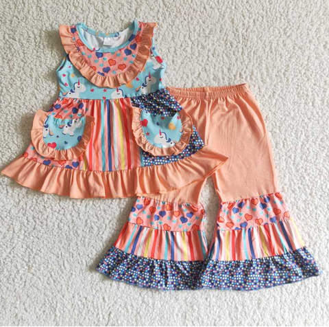 A7-23 Unicorn Heart Dot Pocket Sleeveless Skirt Flared Pants set