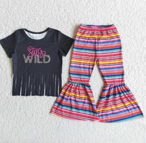 D13-2 Black Fringe Lettering Short Sleeve Colorful Striped Pants  set