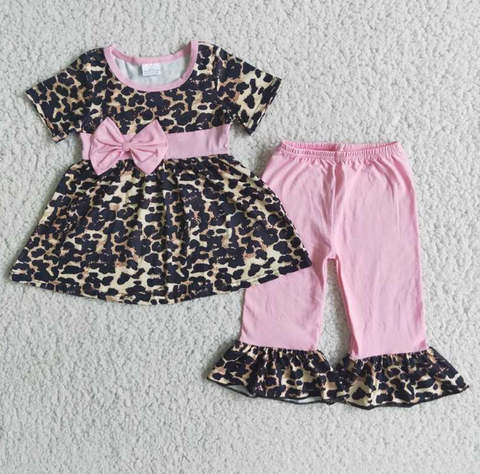 E3-2 Pink Bow Leopard Print Short Sleeve Skirt Pink Pants  set
