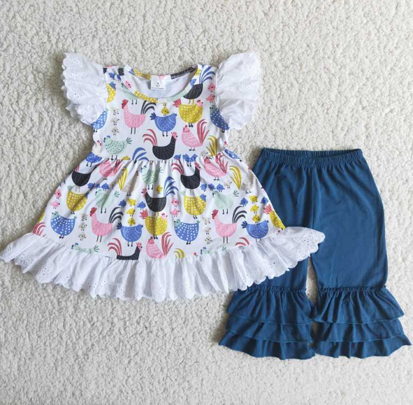 A14-1 Rooster Hen Lace Cuff Short Sleeve Blue Pant Set