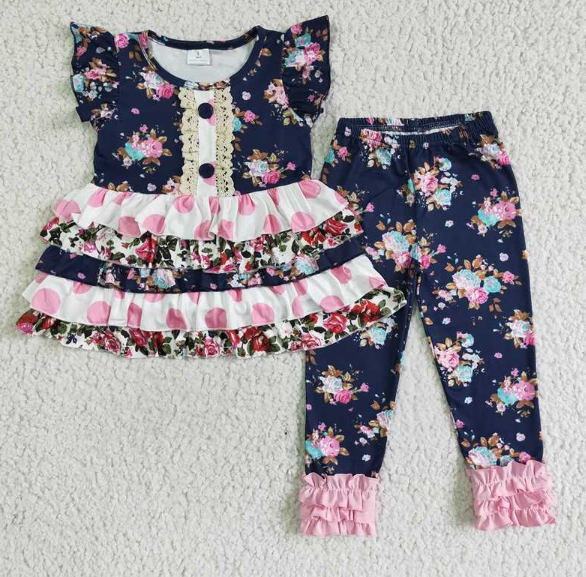 A13-15 Purple Layered Lace Button Cropped Pant Set