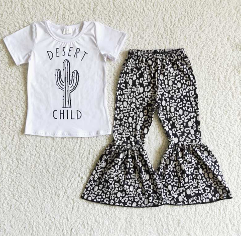 A4-16 Grey Black Cactus White Short Sleeve Flared Pants set