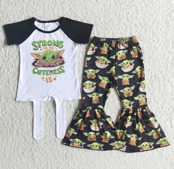 E1-2 black short-sleeved big-leg pants  set