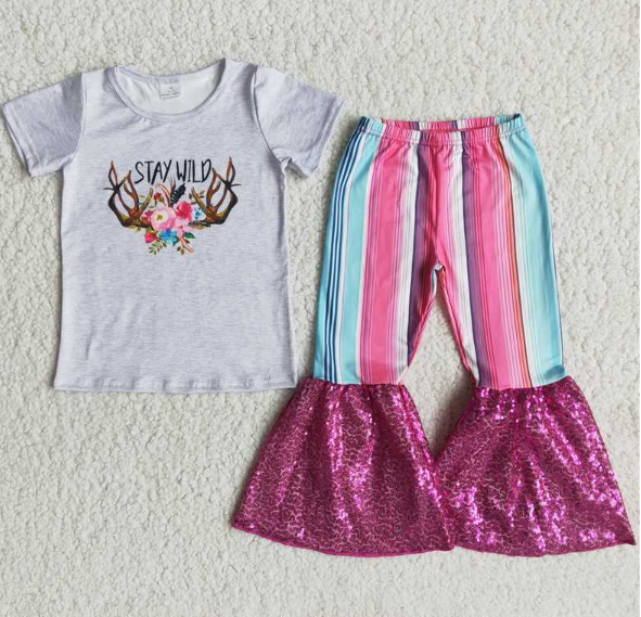 C5-24 stay wild off-white top colorful sequin pants set