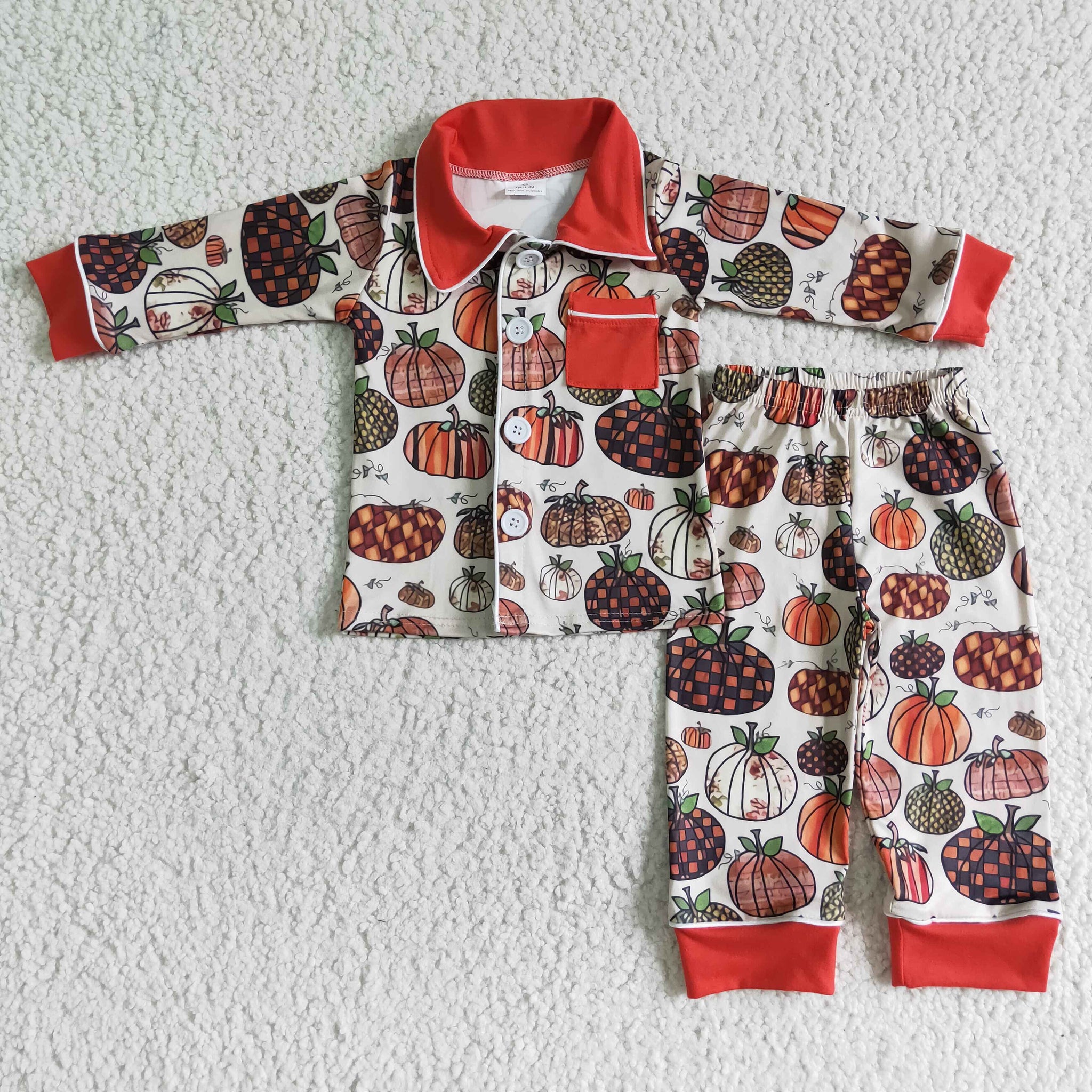 Boys Autumn Pumpkin Red Pocket Long Sleeve Pants Set