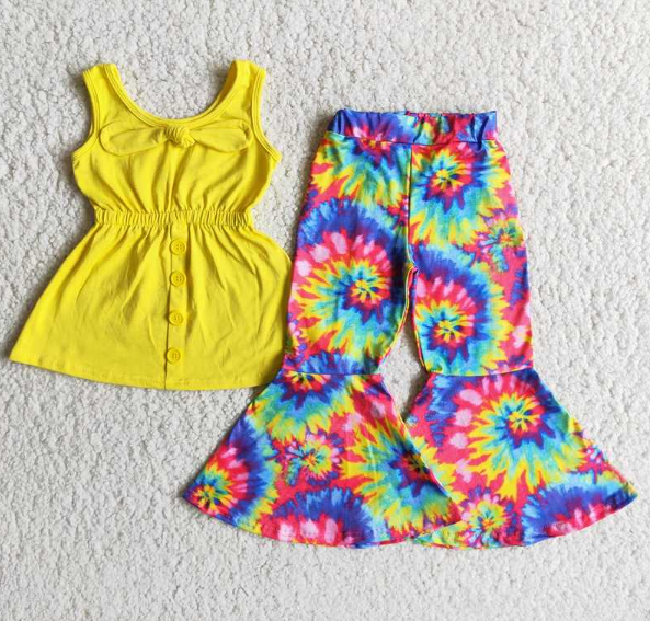 A17-24 Yellow top and colorful pattern pants set