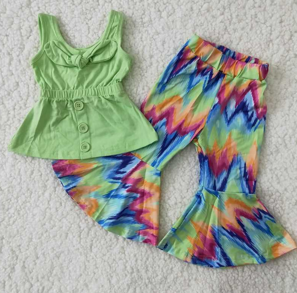 A17-23 Green Strap Top Tie Dye Flared Pants set