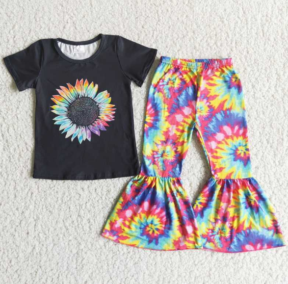 A6-24 Sunflower Black Short Sleeve Bright Flared Pants set