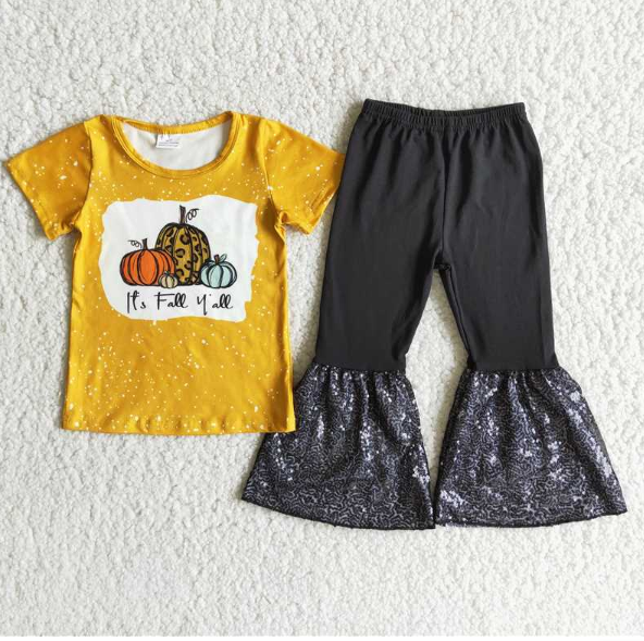 A2-12 Pumpkin Yellow Short Sleeve Top Black Sequin Pants set