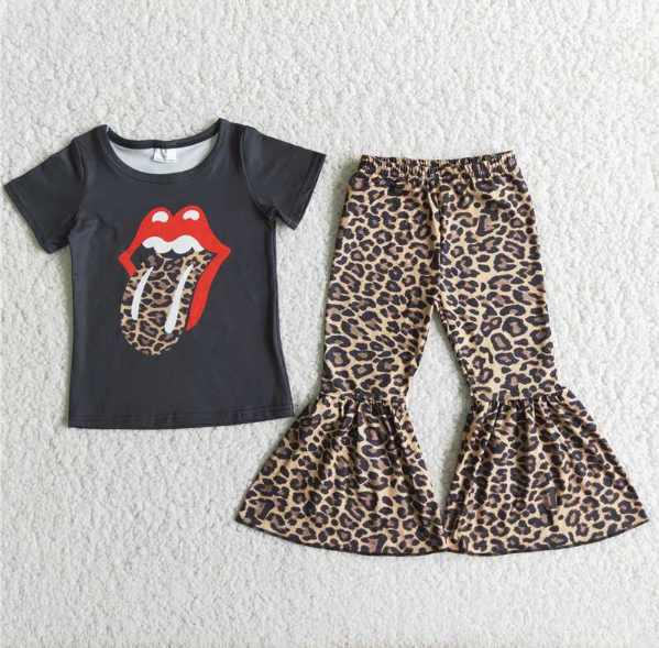 A3-16 Mouth Pattern Black Short Sleeve Leopard Pants set