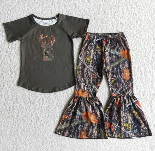 C6-6 Girls Deer Army Green Short Sleeve Top Maple Leaf Flared Pants set
