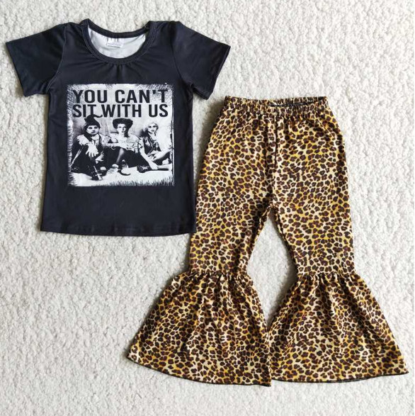 A0-23 Hocus Pocus Black Short Sleeve Top Leopard Print Flared Pants set