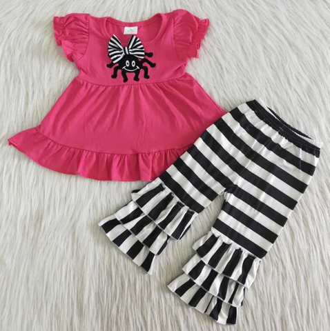C2-8-1 Bow Embroidered Spider Rose Puff Sleeve Striped  pant set
