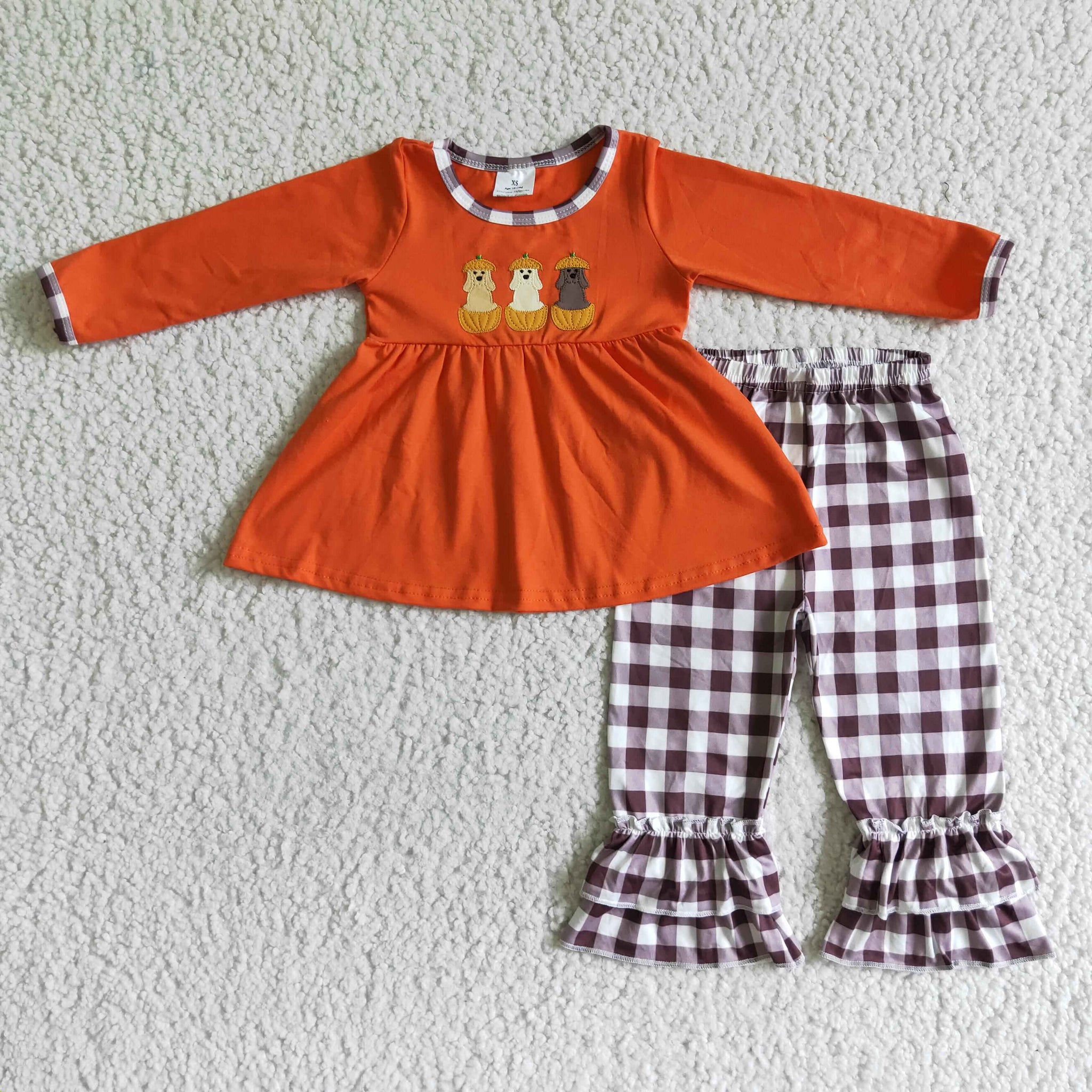 Girls Embroidered Pumpkin Puppy Orange Long Sleeve Plaid  pant set