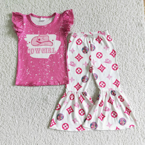 GSPO0091 COWGIRL rose red flying sleeve pant set