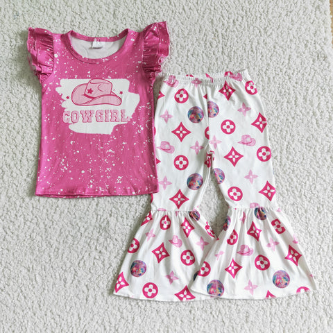 GSPO0091 COWGIRL rose red flying sleeve pant set