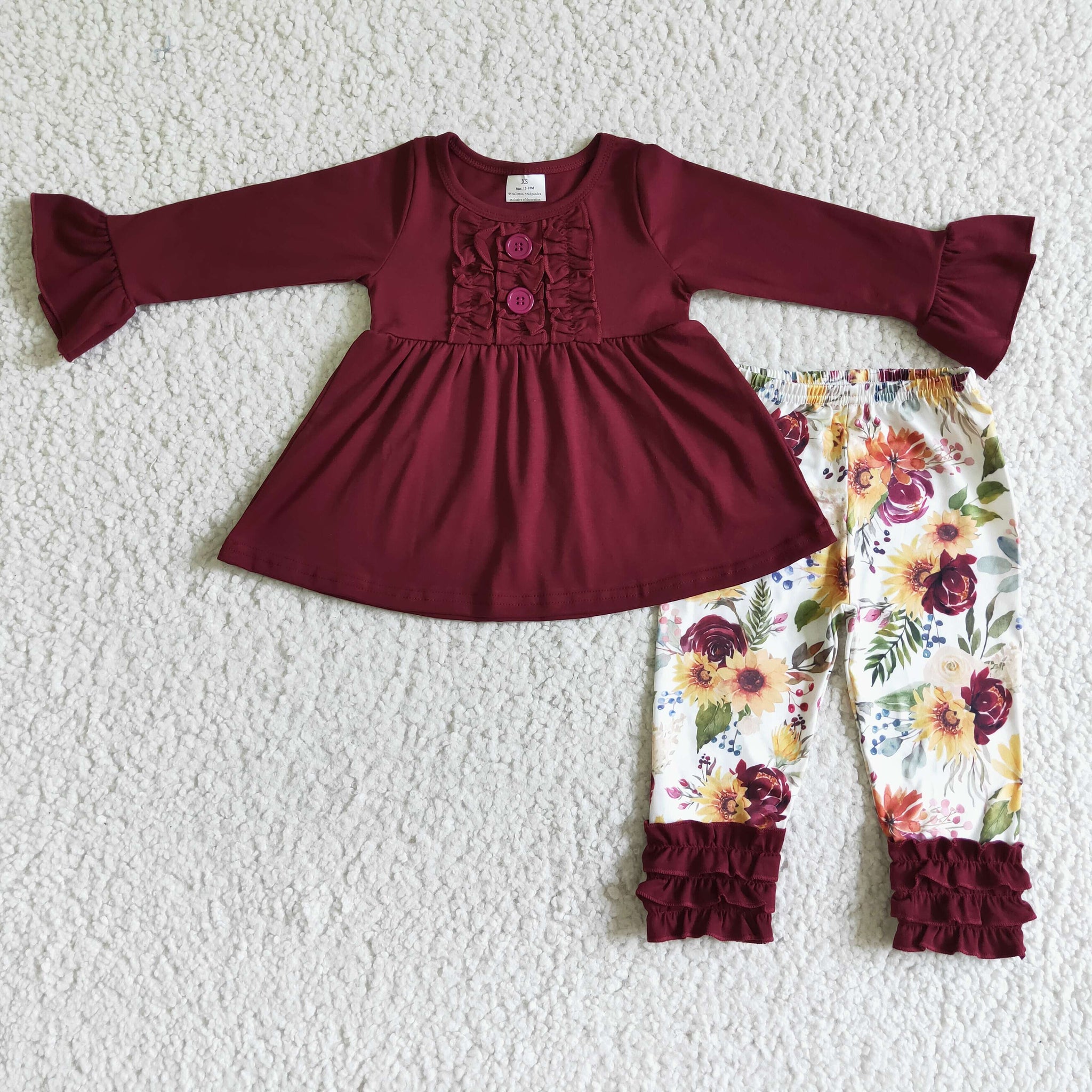 Girls Flower Button Red Long Sleeve Lace Trousers Set