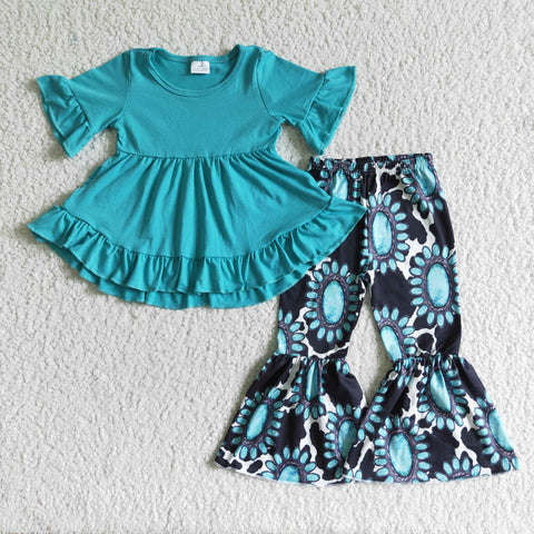 GSPO0116 Girls Blue Jeweled Lace Short Sleeve pant set