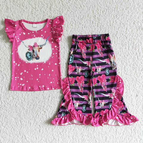 GSPO0102 Girls' Cow Bow Jeweled Rose Red Short Sleeve pant set
